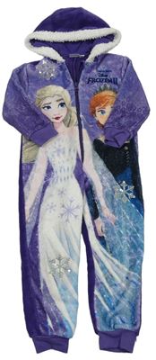 Fialová chlupatá kombinéza Frozen s kapucňou Disney