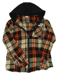 Hnědo-černo-červená kostkovaná košile s nápisem a kapucí Chapter young