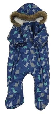 Tmavomodrá šušťáková zimná kombinéza s dinosaurami a kapucňou F&F