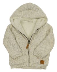 Smetanový vzorovaný zateplený propínací svetr s kapucí 