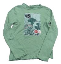 Zelené rebrované tričko s ježkom a houbami Topolino