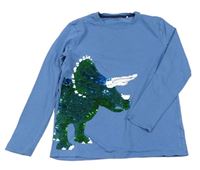 Modré tričko s dinosaurem z překlápěcích flitrů Yigga