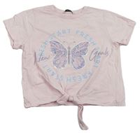 Svetloružový crop top s motýlkom a uzlom George
