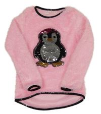 Ružová chlpatá trblietavá mikina s tučňákem z flitrů