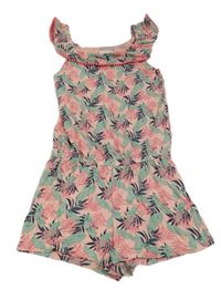 Růžovo-zeleno-modrý kraťasový overal s listy Pocopiano