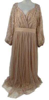 Dámske staroružové krajkovo/tylové dlhé plesové šaty