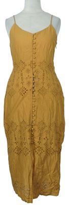 Dámske horčicové plátenné madeirové midi šaty Primark