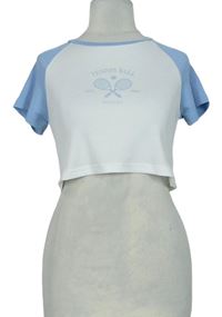 Dámske bielo-svetlomodré rebrované crop tričko s potlačou Shein