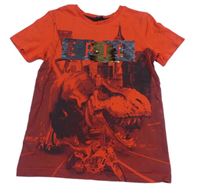 Červené tričko s dinosaurem a nápisem s flitry George