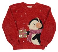 Červený žinylkový svetr s tučňákem C&A