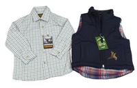 Nové - 2set- tmavomodrá zateplená vesta s bažantem+ kockovaná košeľa
