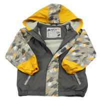 Sivo-vzorovaná nepromokavá jarná bunda s nápismi a kapucňou Lupilu