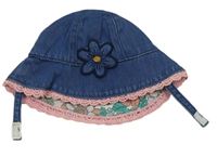 Modrý rifľový klobúk s květem a čipkou zn. Mothercare 6-12m