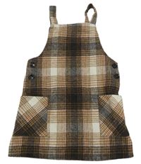Hnědo-bílé kostkované laclové vlněné šaty Primark