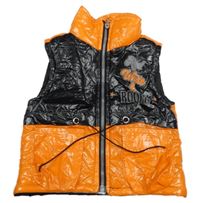 Čierno-oranžová šušťáková lesklá zateplená vesta s nápisom