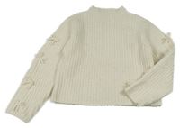 Krémový rebrovaný vlnený crop sveter s mašľami Zara