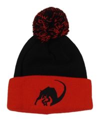 Černo-červená pletená čepice s výšivkou a bambulí