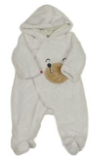 Biela chlpatá podšitá kombinéza s medvedíkom a kapucňou