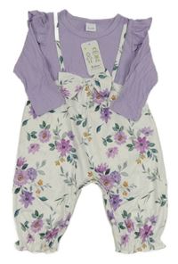 Nové - Bílo-levandulový overal s květy a mašlí 