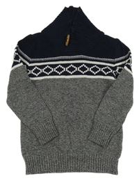 Tmavomodro-bílý vzorovaný svetr s límcem Topolino