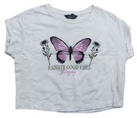 Biele crop tričko s motýlkom a kvietkami a nápismi New Look