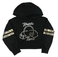 Čierna oversize crop mikina s obrázkem - Hearts Tiana a kamienkami a pruhmi a kapucňou zn. George