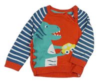 Červeno-petrolejovo-biely sveter s dinosaurom a autom a pruhmi frugi