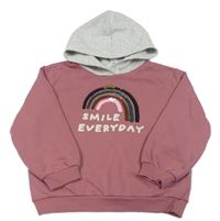 Starorůžová oversize mikina s duhou z překlápěcích flitrů a nápisy a kapucí H&M