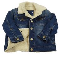 Tmavomodrá rifľová zateplená bunda s huňatým golierikom