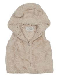 Svetloružová kožušinová zateplená vesta s kapucňou s uškami F&F