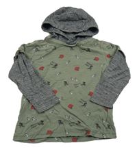 Kaki-čierne melírované tričko s helmami a topánkami a bicyklami a kapucňou