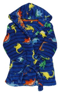 Safírovo-tmavomodrý pruhovaný plyšový župan s farebnymi dinosaurami a kapucňou