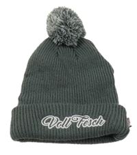 Tmavošedá žebrovaná pletená čepice s nápisem a bambulí