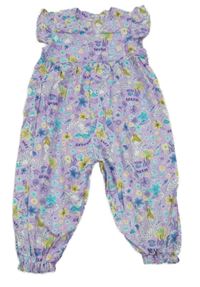Nové - levandulový kalhotový lněný overal s mořskými pannami a volánky 