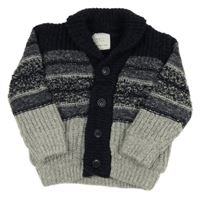 Šedo-tmavomodrý melírovaný žebrovaný vlněný propínací zateplený svetr ZARA