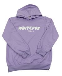 Fialová mikina s nápismi a kapucňou