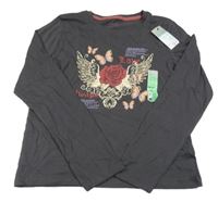 Nové - tmavošedé triko s růží a křídly a motýlky PRIMARK