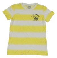 Žlto-biele pruhované/batikované tričko s vlnou a nápismi alive