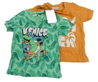 Nové - Tričko - Zelené s dinosaurem a listy, oranžové s nápisy s obrázky PIAZZAITALIA