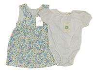 Nové - 2Set - Světlemodré šaty s kytičkami + bílé body s madeirou Sfera