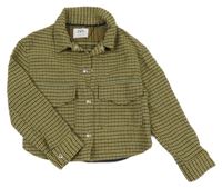 Okrovo-černo-modrá vzorovaná crop bunda s límečkem ZARA
