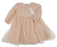 Nové - světlerůžové puntíkaté tylové šaty s 3D květy so cute
