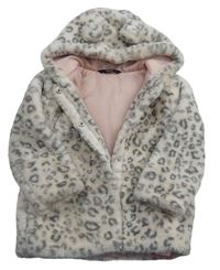 Béžovo-sivý kožušinový zateplený kabát s leopardím vzorom a kapucňou George