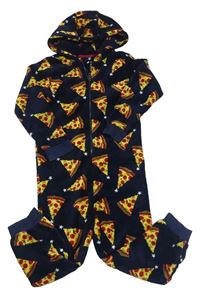 Tmavomodrá chlpatá kombinéza s pizzami a kapucňou Matalan