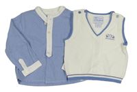 2set - Modrá melírovaná polo košile + biela svetrová vesta s výšivkou Mayoral