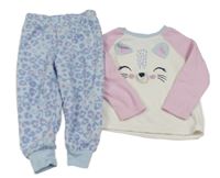 Bílo-růžovo-světlemodré fleecové pyžamo s kočkou Primark