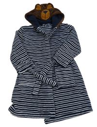 Tmavomodro-bílo-hnědý pruhovaný chlupatý župan s kapucí - medvěd George