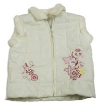 Smotanová prešívaná šušťáková zateplená vesta s výšivkami květů