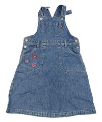 Modré riflové laclové šaty s výšivkami  květů