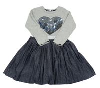 Sivo-tmavomodré bavlněno/třpytivé šaty so srdcem z překlápěcích flitrů Bluezoo